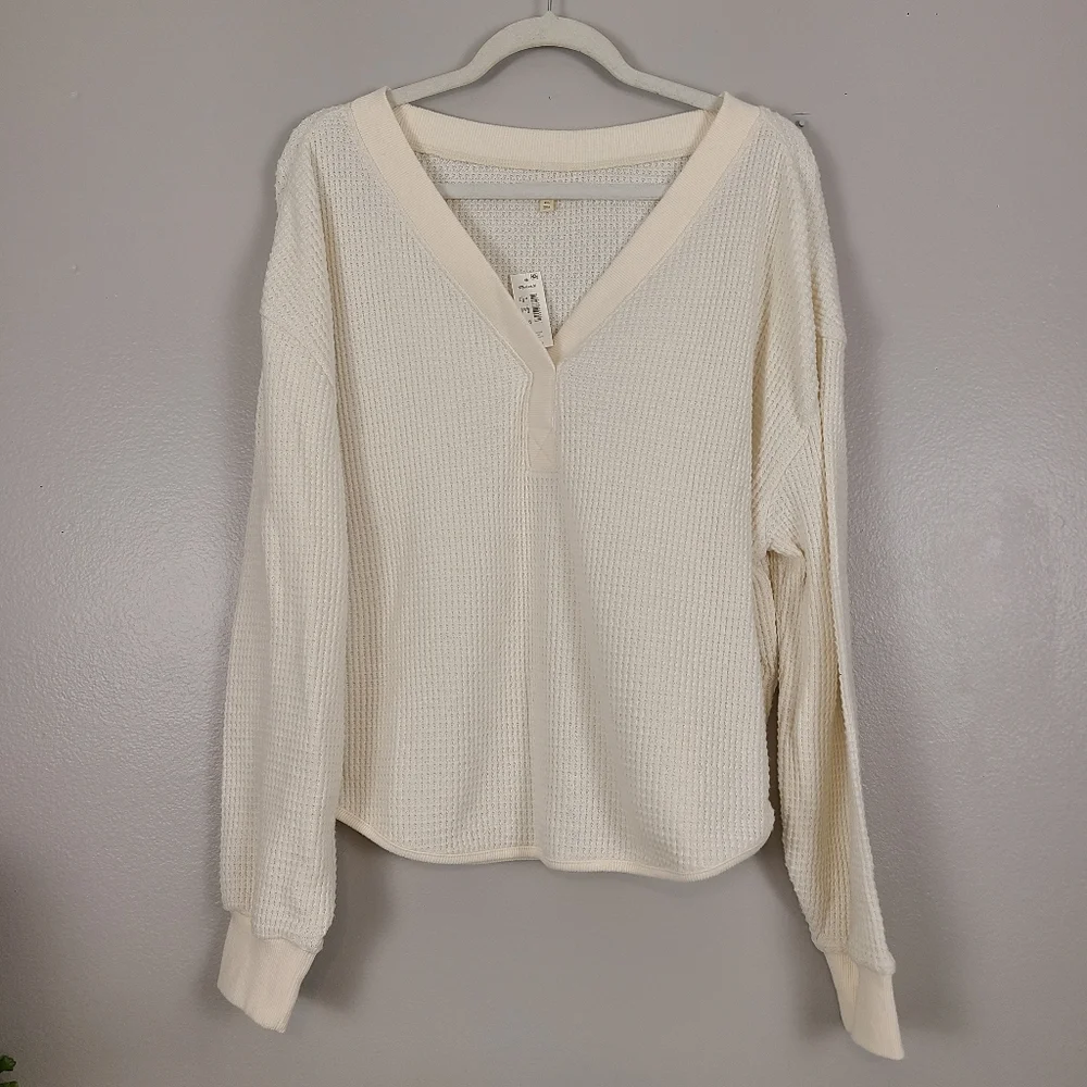Madewell Classic Brushed Waffle Knit V-neck Long Sleeve Top In Antique Cream XL